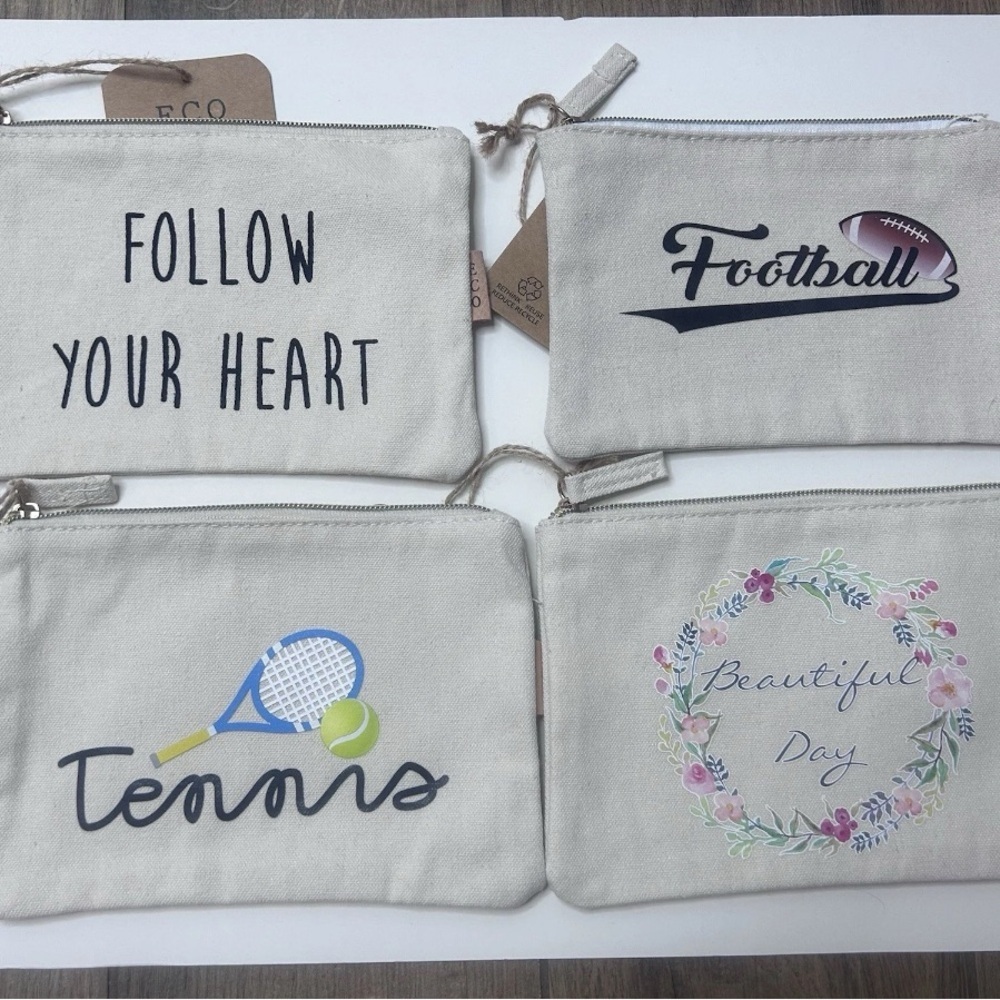 Set of Four Canvas Pouches with Sports and Floral Designs